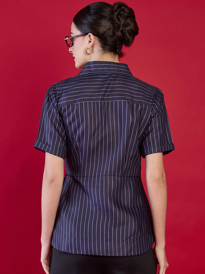 Women’s Navy Pinstripe Wrap Blouse – Elegant Tie Waist Office Top