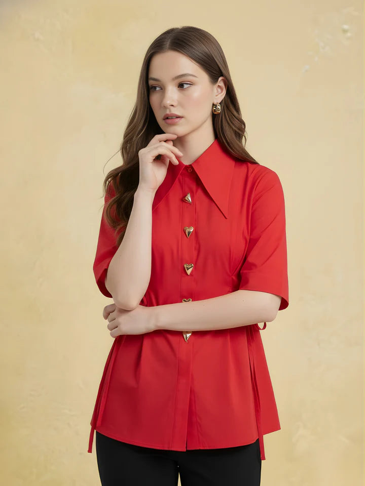 Women’s Red Button-Front Peplum Blouse – Elegant Short Sleeve Tie Waist Office Top