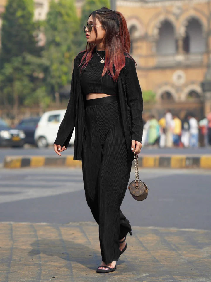 Women’s Black Ribbed Co-Ord Set – Crop Top, Wide Leg Pants & Overshirt Outfit