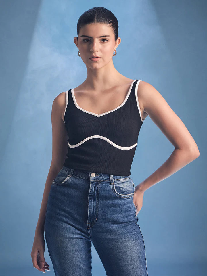 Women’s Black Contrast Trim Tank Top – Sleeveless Festival Crop Top