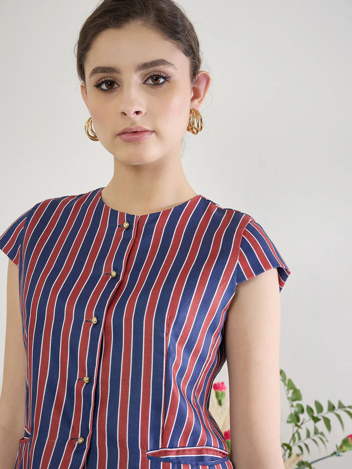Women’s Vertical Stripe Button Blouse – Elegant Cap Sleeve Office Top