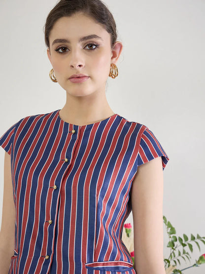 Women’s Vertical Stripe Button Blouse – Elegant Cap Sleeve Office Top
