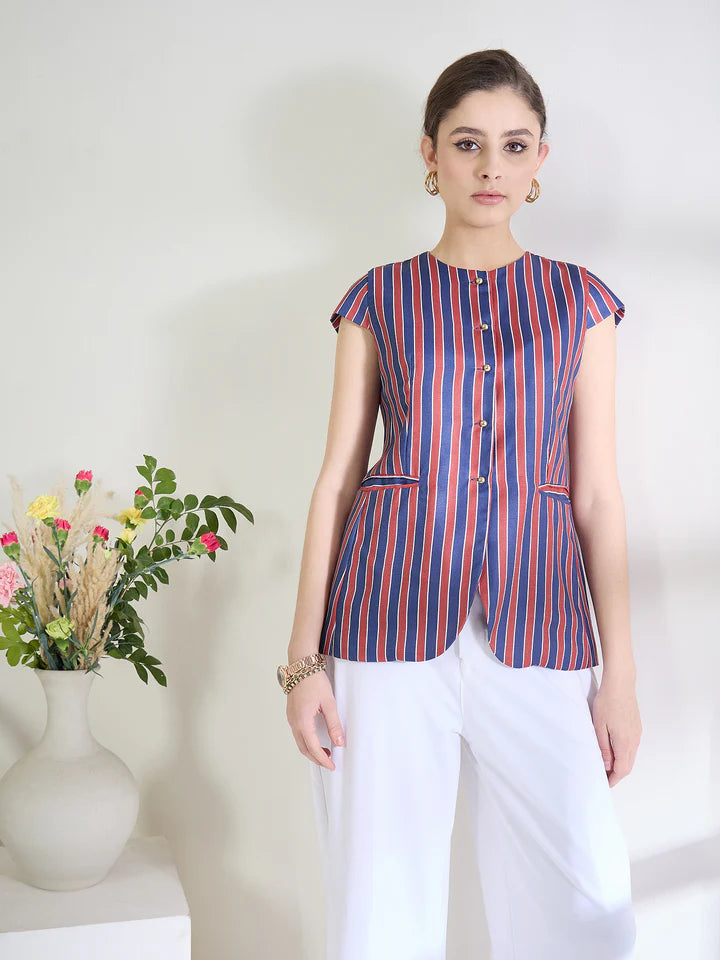 Women’s Vertical Stripe Button Blouse – Elegant Cap Sleeve Office Top