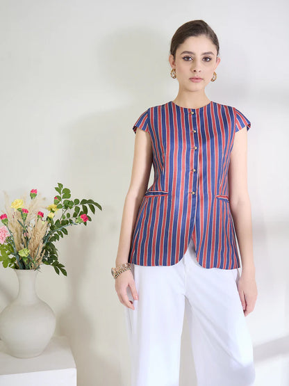 Women’s Vertical Stripe Button Blouse – Elegant Cap Sleeve Office Top