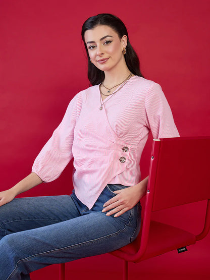 Women’s Pink Stripe Wrap Blouse – Elegant V-Neck Office Top