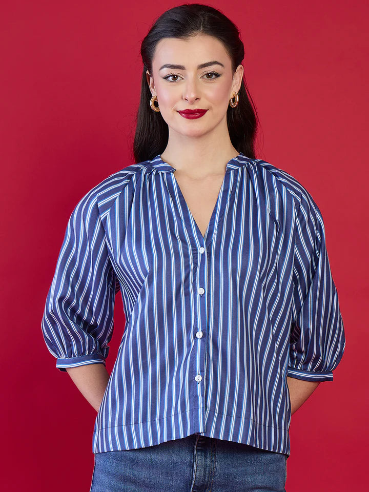 Women’s Beige Vertical Stripe Button Blouse – Elegant V-Neck Office Top