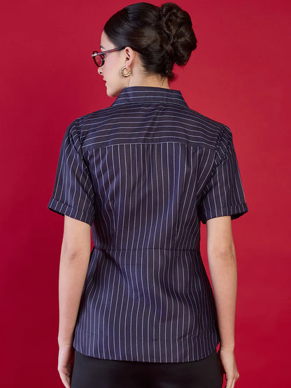 Women’s Navy Pinstripe Wrap Blouse – Elegant Tie Waist Office Top