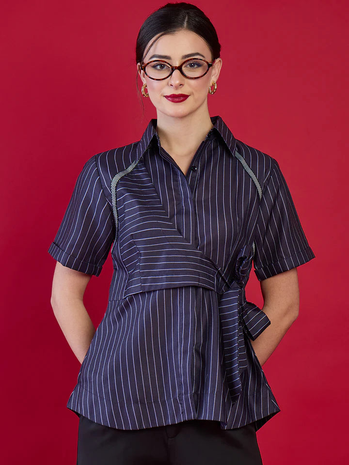 Women’s Navy Pinstripe Wrap Blouse – Elegant Tie Waist Office Top