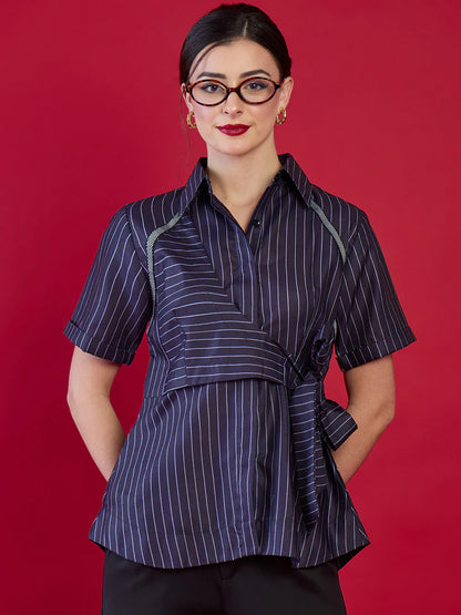 Women’s Navy Pinstripe Wrap Blouse – Elegant Tie Waist Office Top