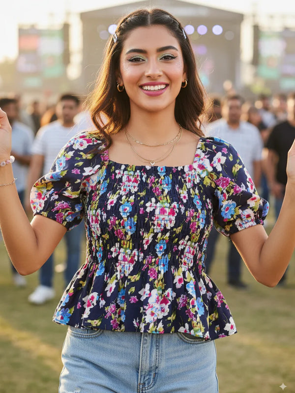 Women’s Floral Smocked Peplum Top – Square Neck Puff Sleeve Summer Blouse