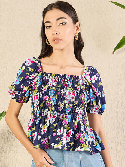 Women’s Black Floral Peplum Top – Square Neck Puff Sleeve Casual Blouse