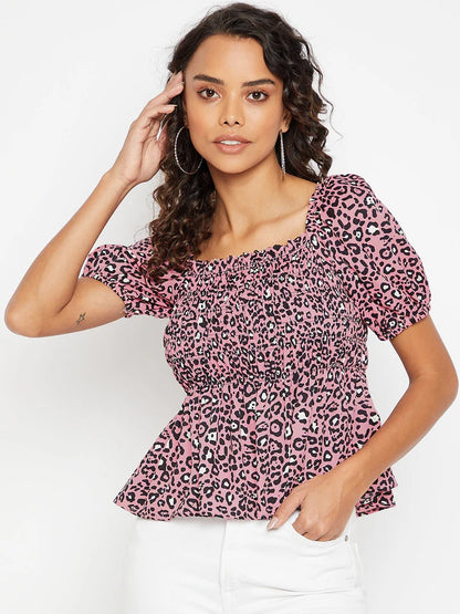 Women’s Black Floral Peplum Top – Square Neck Puff Sleeve Casual Blouse
