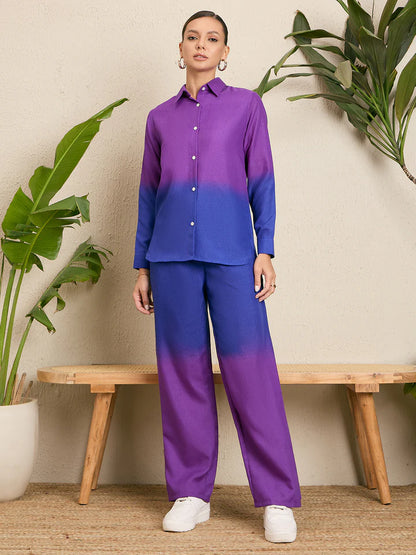 Women’s Purple Ombre Co-Ord Set – Wide Leg Pants & Button Down Overshirt Outfit