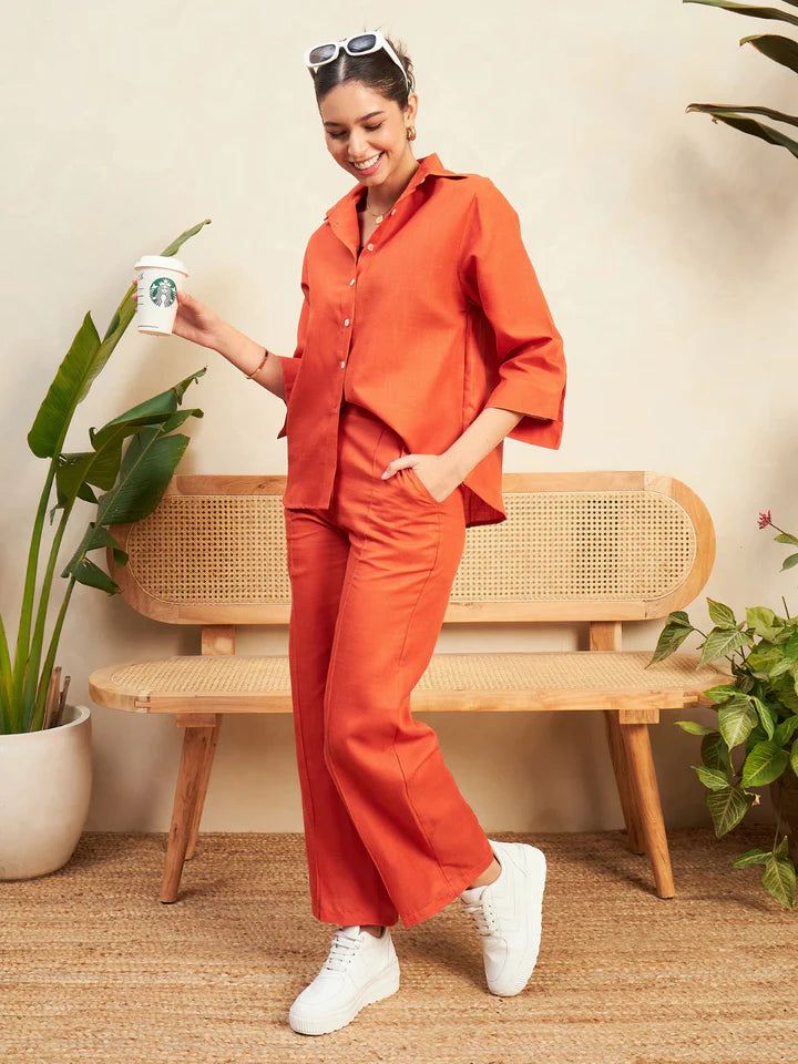 Women’s Orange Linen Co-Ord Set – Relaxed Button Down Shirt & Wide Leg Pants