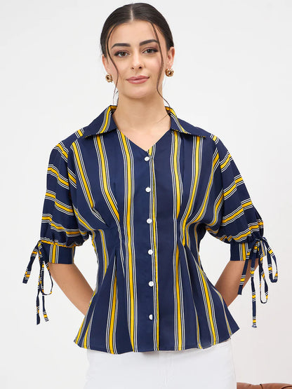 Women’s Blue Vertical Stripe Tie Sleeve Blouse – Elegant Button Front Office Top
