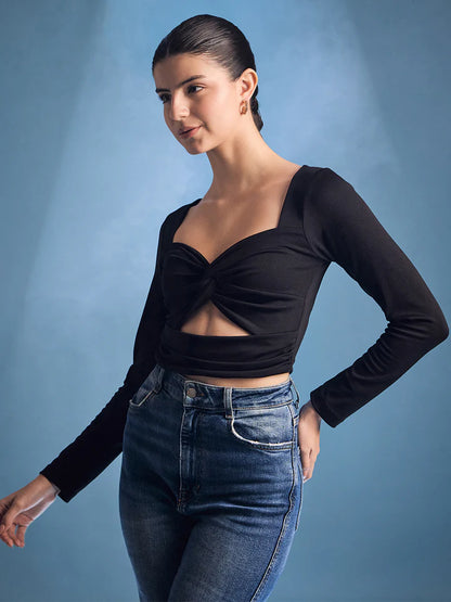 Women’s Black Twist Front Cut-Out Top – Long Sleeve Festival Crop Blouse