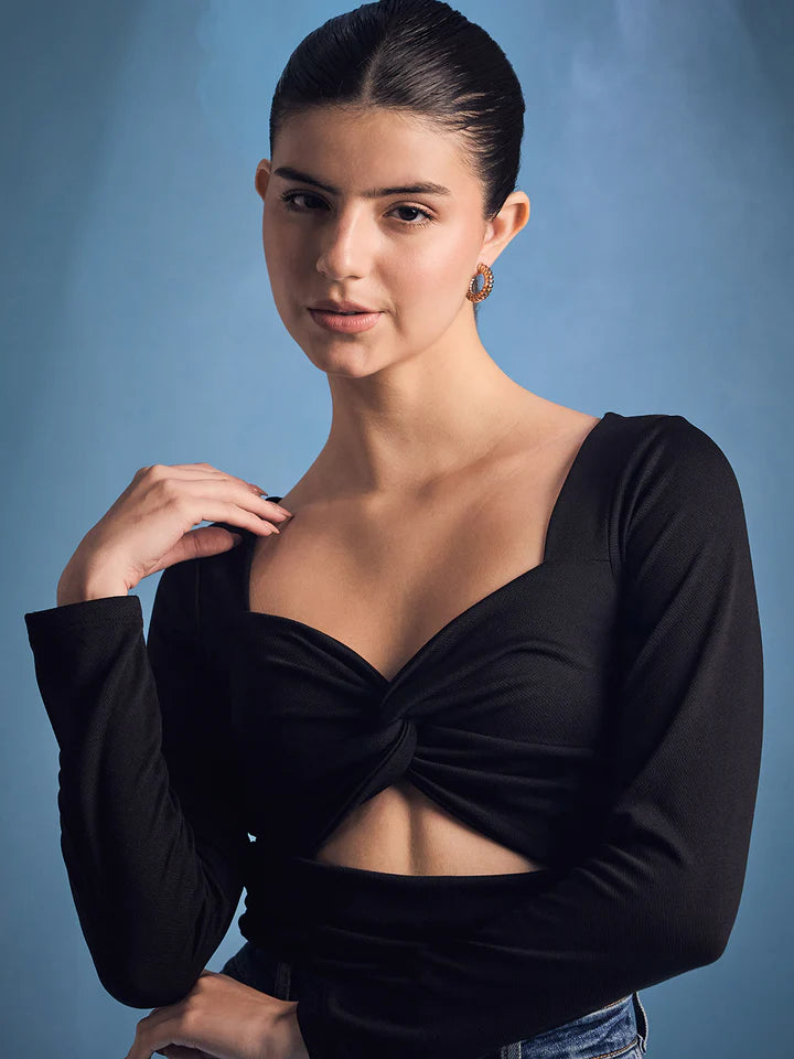 Women’s Black Twist Front Cut-Out Top – Long Sleeve Festival Crop Blouse