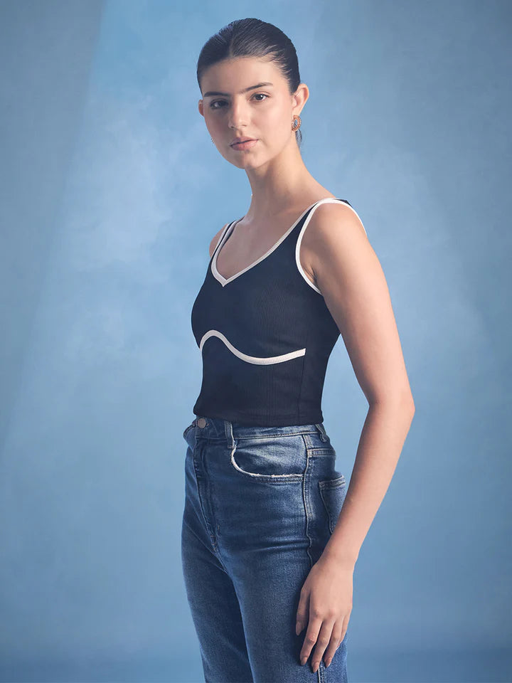 Women’s Black Contrast Trim Tank Top – Sleeveless Festival Crop Top
