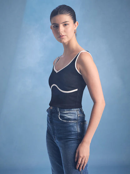 Women’s Black Contrast Trim Tank Top – Sleeveless Festival Crop Top