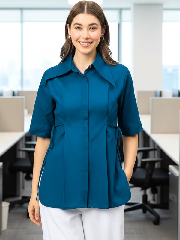 Women’s Teal Tie-Waist Blouse – Elegant Collared Office Top