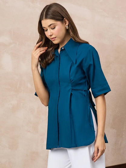 Women’s Teal Tie-Waist Blouse – Elegant Collared Office Top