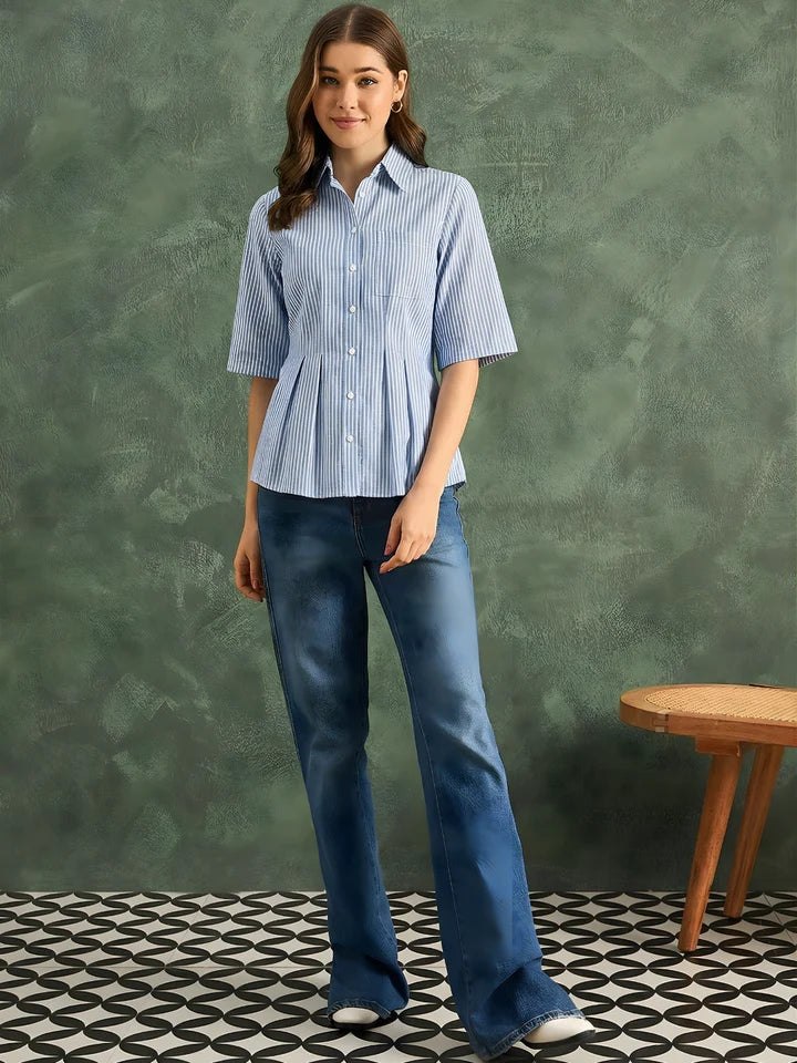 Women’s Blue Striped Peplum Blouse – Elegant Short Sleeve Button-Front Office Shirt