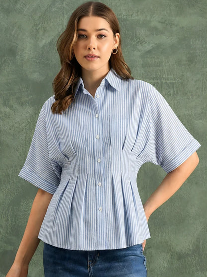 Women’s Blue Striped Peplum Blouse – Elegant Short Sleeve Button-Front Office Shirt