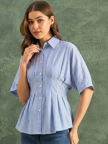 Women’s Blue Striped Peplum Blouse – Elegant Short Sleeve Button-Front Office Shirt