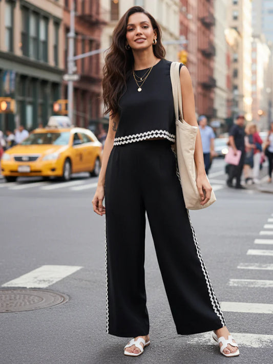 Women’s Black Sleeveless Co-Ord Set – Cropped Top & Wide Leg Pants Outfit