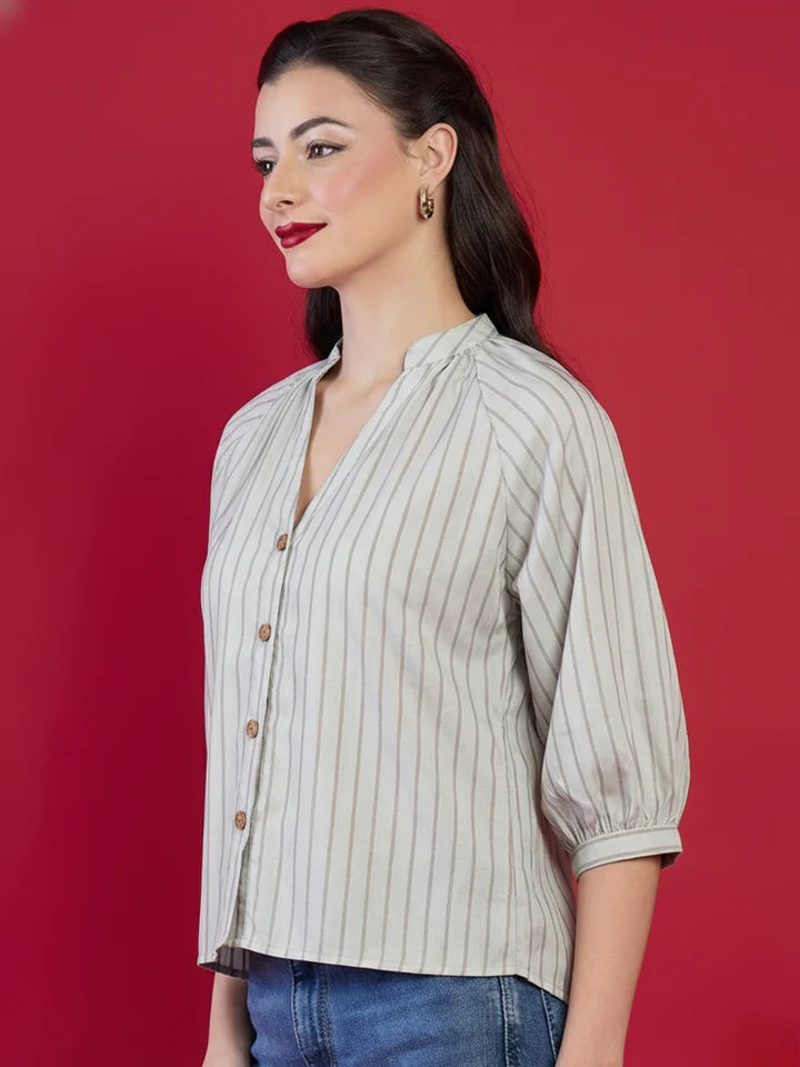 Women’s Beige Vertical Stripe Button Blouse – Elegant V-Neck Office Top