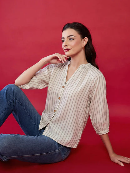 Women’s Beige Vertical Stripe Button Blouse – Elegant V-Neck Office Top