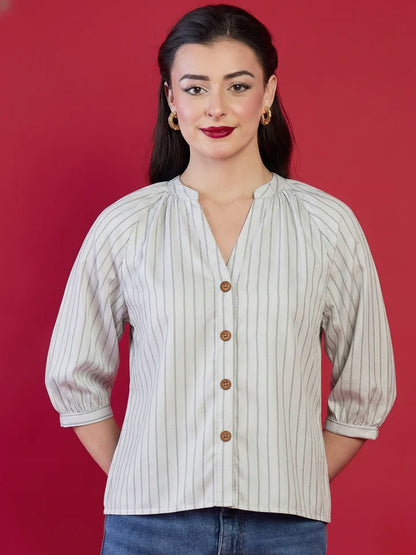 Women’s Beige Vertical Stripe Button Blouse – Elegant V-Neck Office Top