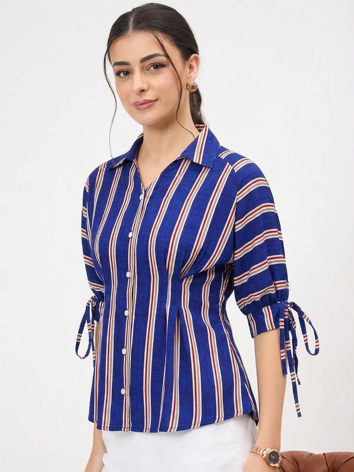 Women’s Blue Vertical Stripe Tie Sleeve Blouse – Elegant Button Front Office Top