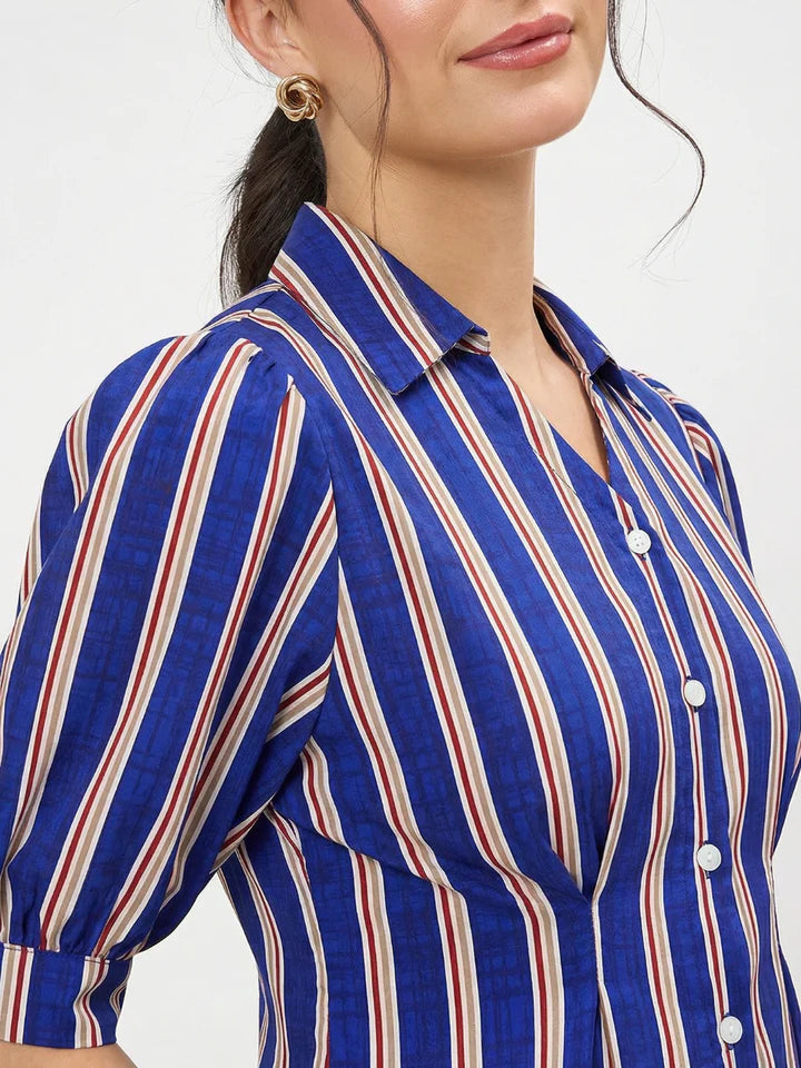 Women’s Blue Vertical Stripe Tie Sleeve Blouse – Elegant Button Front Office Top