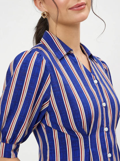 Women’s Blue Vertical Stripe Tie Sleeve Blouse – Elegant Button Front Office Top