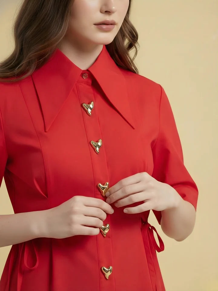 Women’s Red Button-Front Peplum Blouse – Elegant Short Sleeve Tie Waist Office Top