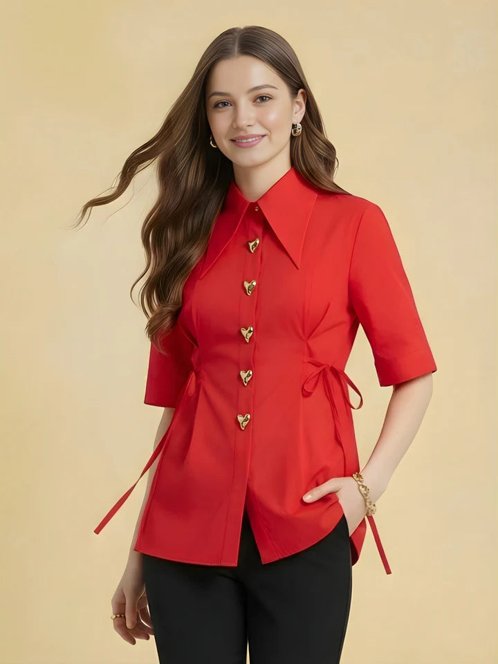 Women’s Red Button-Front Peplum Blouse – Elegant Short Sleeve Tie Waist Office Top