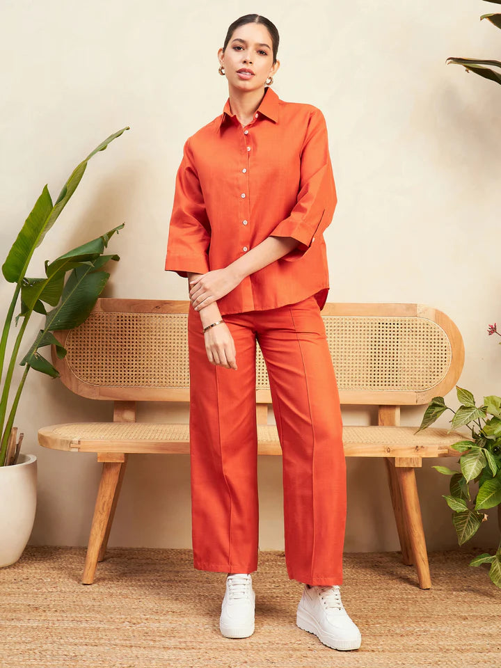 Women’s Orange Linen Co-Ord Set – Relaxed Button Down Shirt & Wide Leg Pants