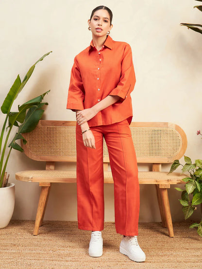 Women’s Orange Linen Co-Ord Set – Relaxed Button Down Shirt & Wide Leg Pants