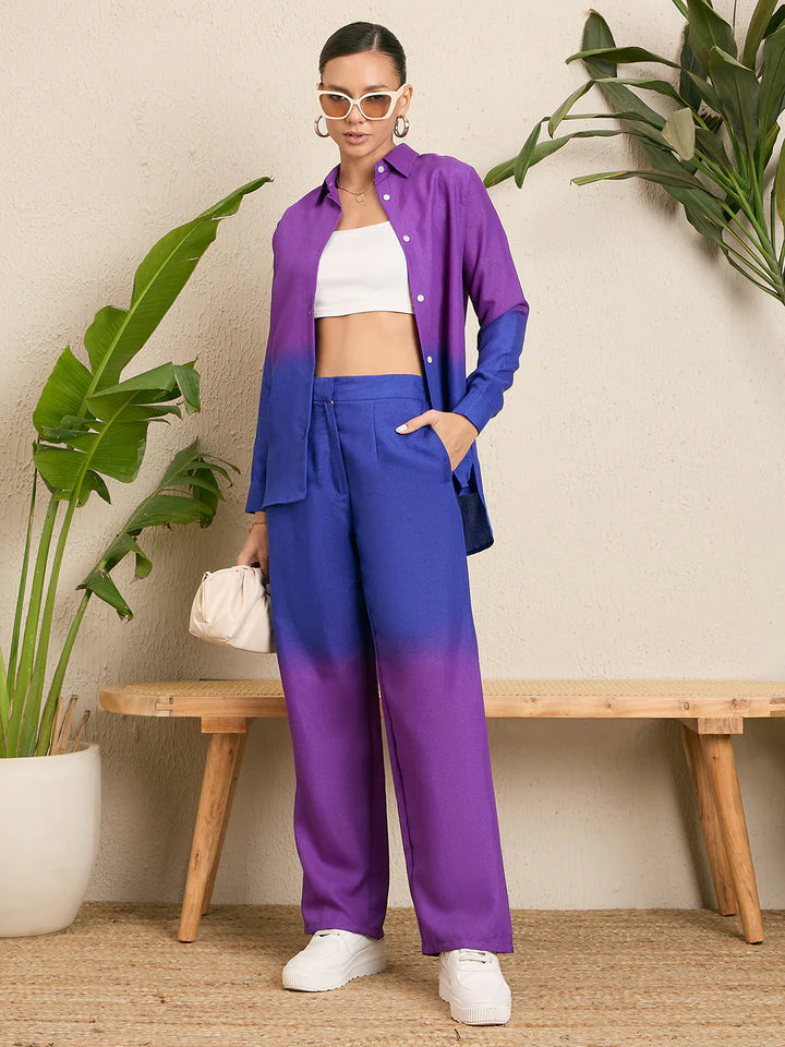 Women’s Purple Ombre Co-Ord Set – Wide Leg Pants & Button Down Overshirt Outfit