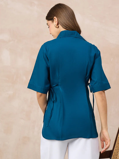 Women’s Teal Tie-Waist Blouse – Elegant Collared Office Top
