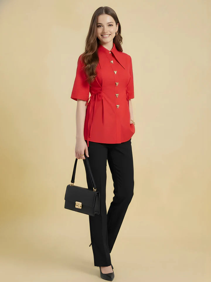Women’s Red Button-Front Peplum Blouse – Elegant Short Sleeve Tie Waist Office Top