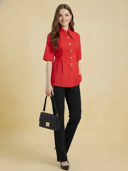 Women’s Red Button-Front Peplum Blouse – Elegant Short Sleeve Tie Waist Office Top