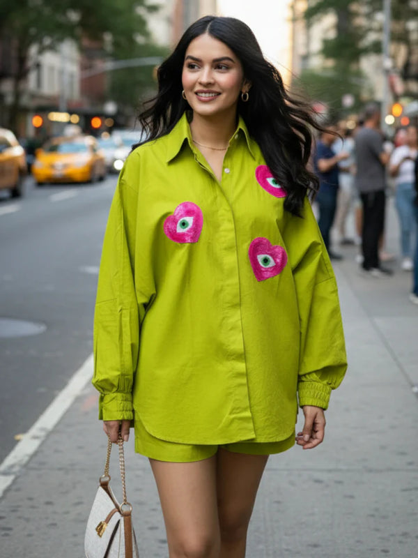 Women’s Lime Green Heart Graphic Overshirt – Casual Button Down Streetwear Shirt