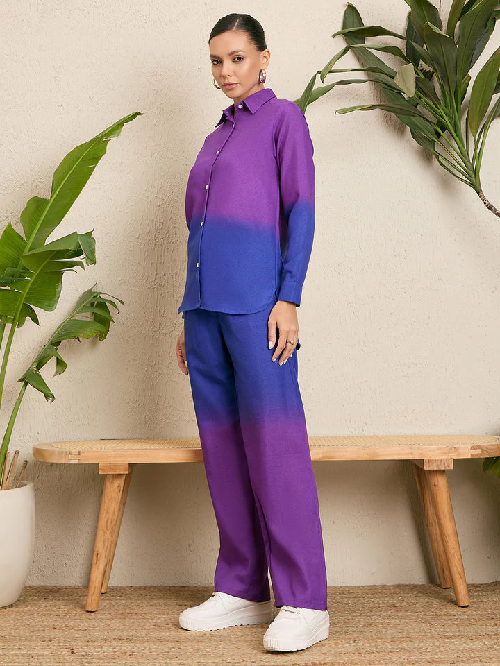 Women’s Purple Ombre Co-Ord Set – Wide Leg Pants & Button Down Overshirt Outfit