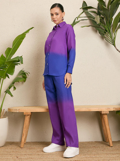 Women’s Purple Ombre Co-Ord Set – Wide Leg Pants & Button Down Overshirt Outfit