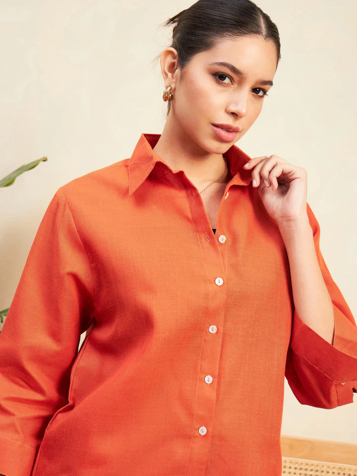 Women’s Orange Linen Co-Ord Set – Relaxed Button Down Shirt & Wide Leg Pants