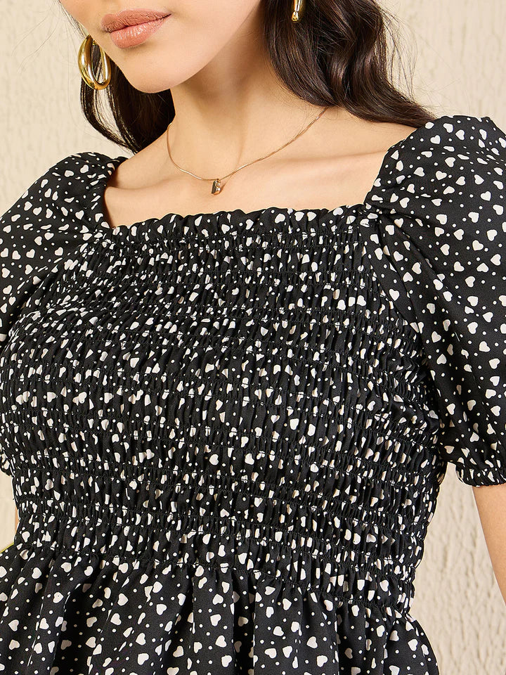 Women’s Black Floral Peplum Top – Square Neck Puff Sleeve Casual Blouse