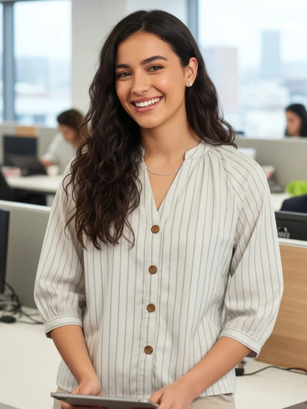 Women’s Beige Vertical Stripe Button Blouse – Elegant V-Neck Office Top