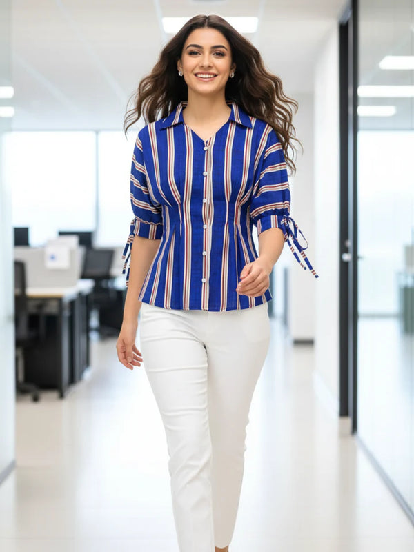 Women’s Blue Vertical Stripe Tie Sleeve Blouse – Elegant Button Front Office Top